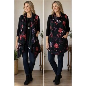 Cuddl Duds Fleece Vest Women's 2X/3X Green Floral Open Stretch Front Wrap Cozy